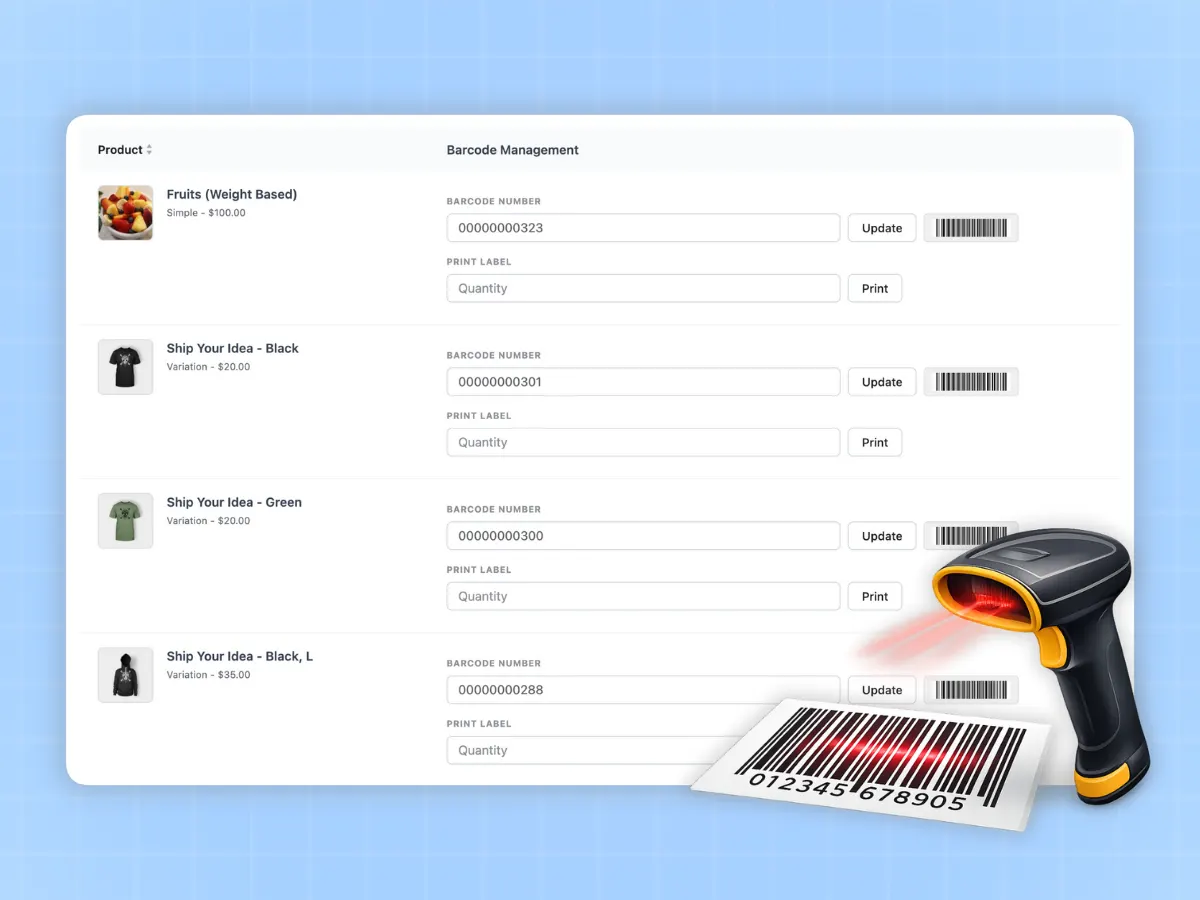 Barcode Scanning & Printing - MultiPOS interface showing barcode functionality